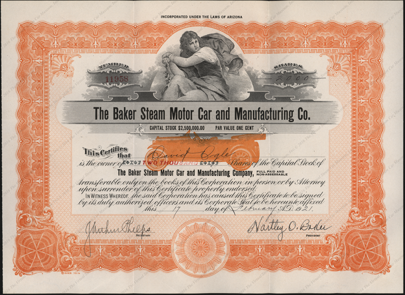Baker Steam Motor Car and Manufacturing Company, Stock Certificate, Feburary 17, 1921, David Ogle